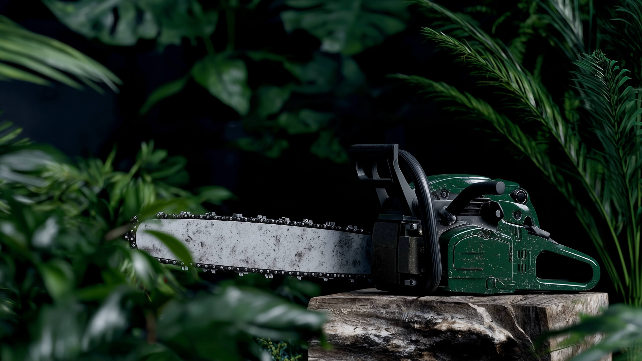 Motorsäge auf Holzstamm zwischen Blattgrün – Maschinen und Geräte für Baumpflege